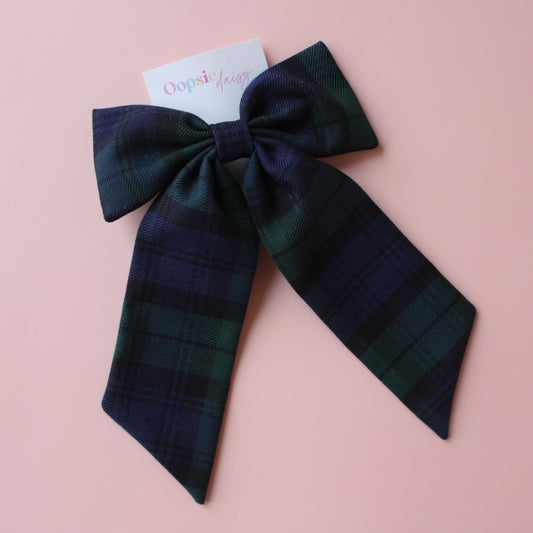 Black Watch tartan hair bow in dark navy and dark green plaid