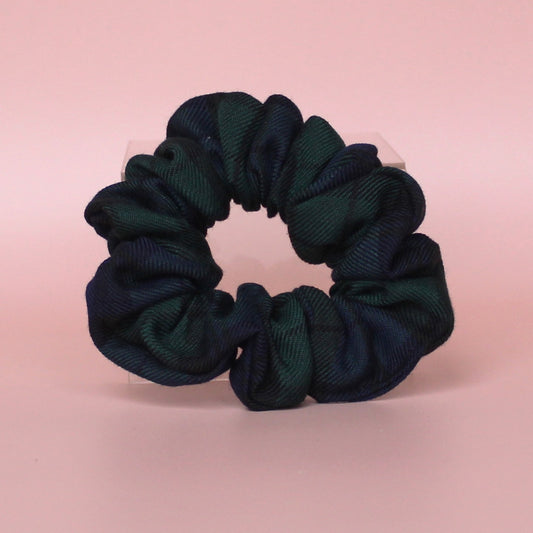Black watch navy and green tartan scrunchie