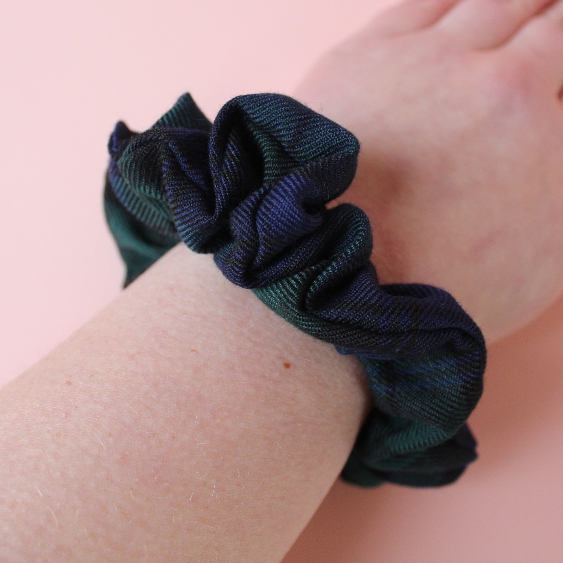 Black watch navy and green tartan scrunchie