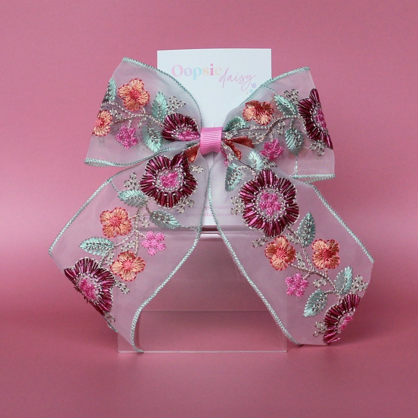 Pink, orange and green embroidered floral hair bow