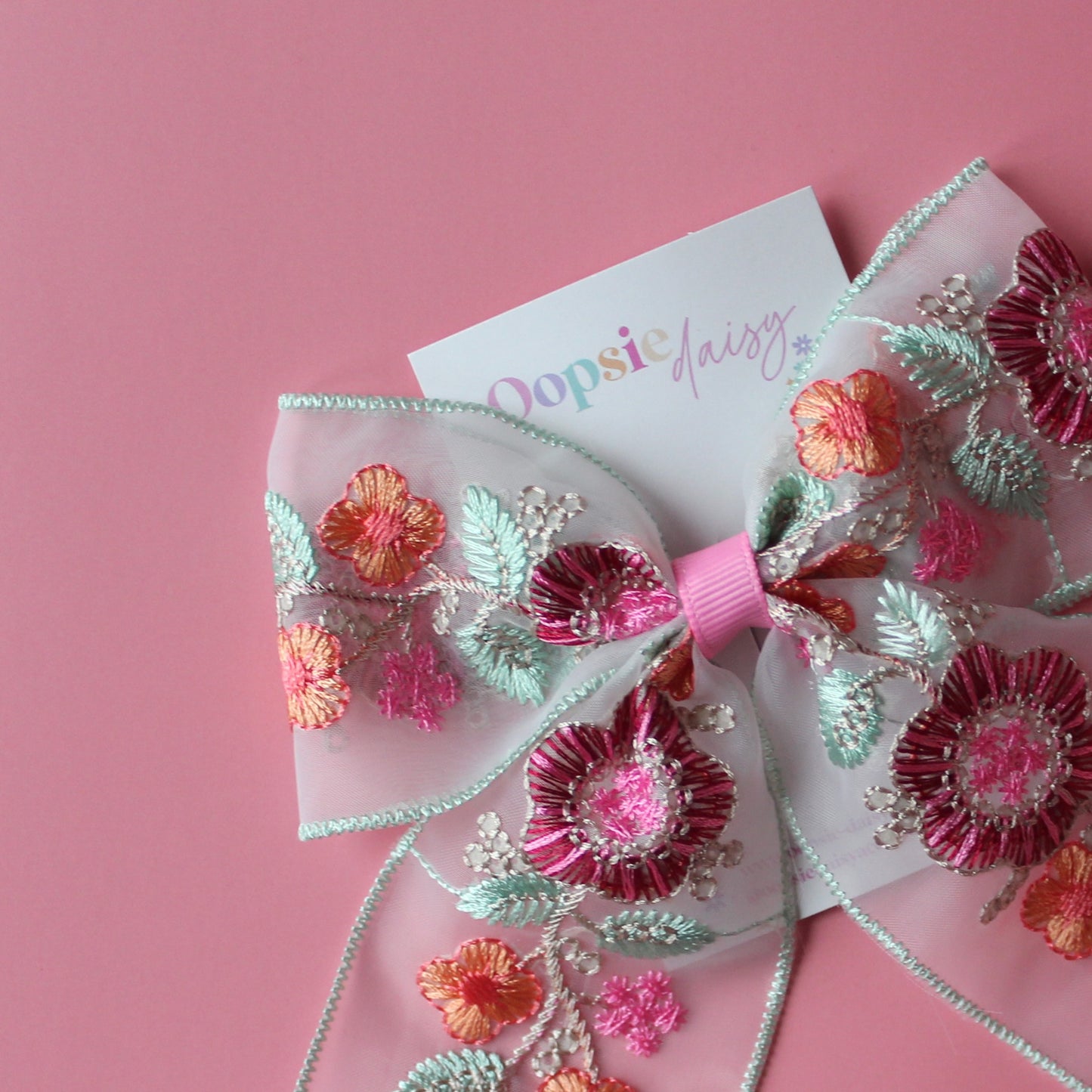 Pink, orange and green embroidered floral hair bow