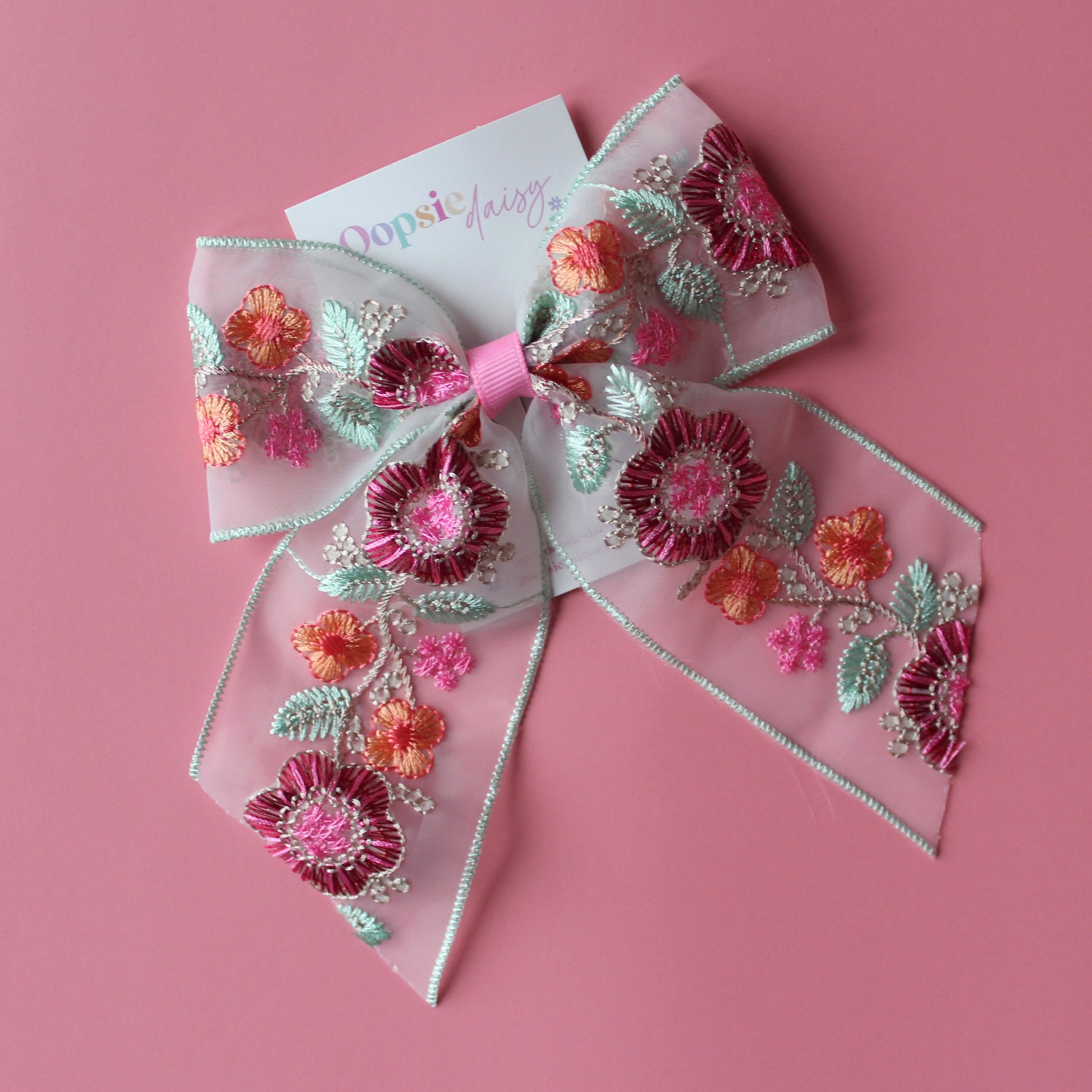 Pink, orange and green embroidered floral hair bow