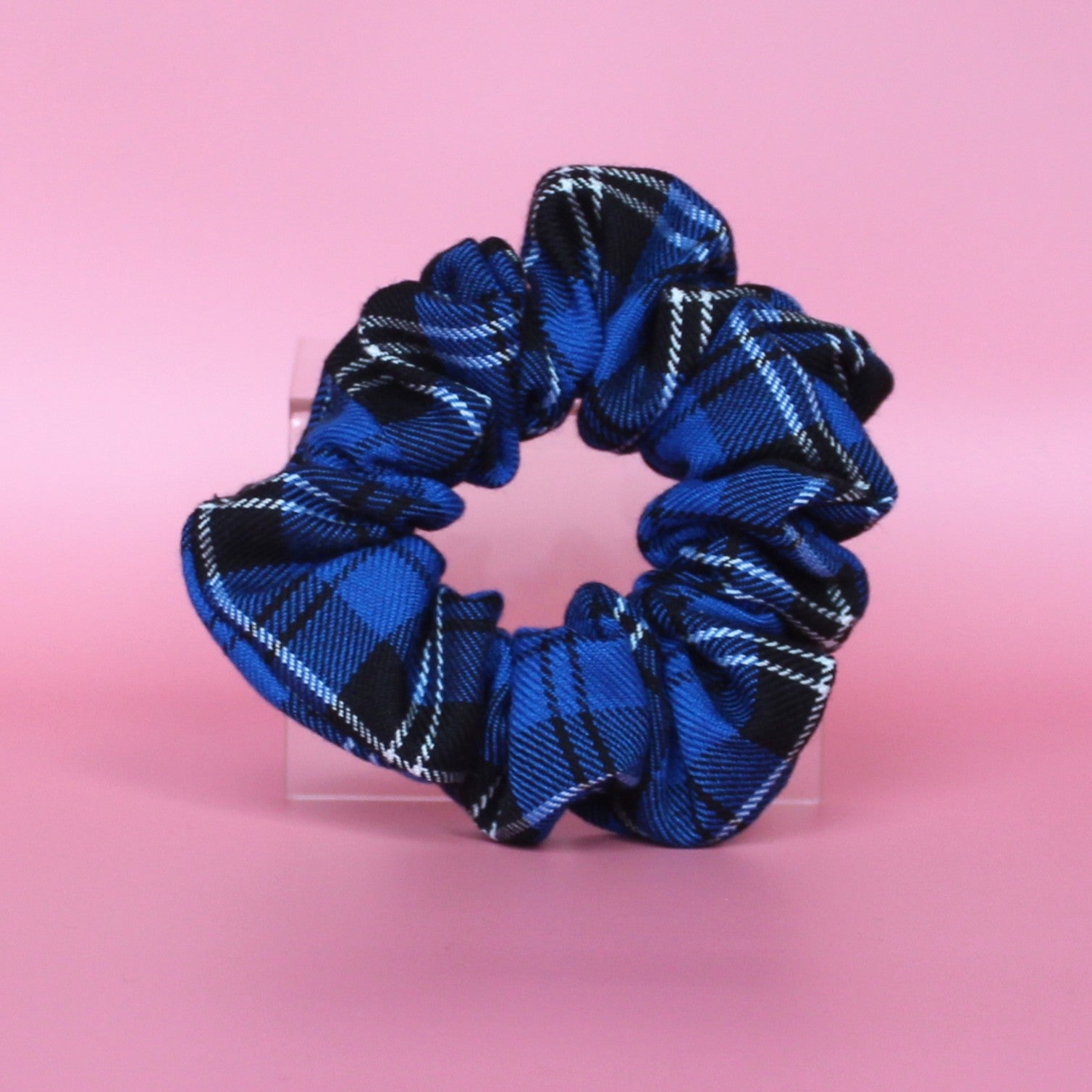 Blue, black and white plaid tartan scrunchie