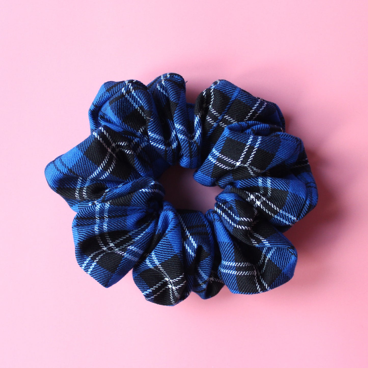 Royal blue and black check tartan oversized scrunchie