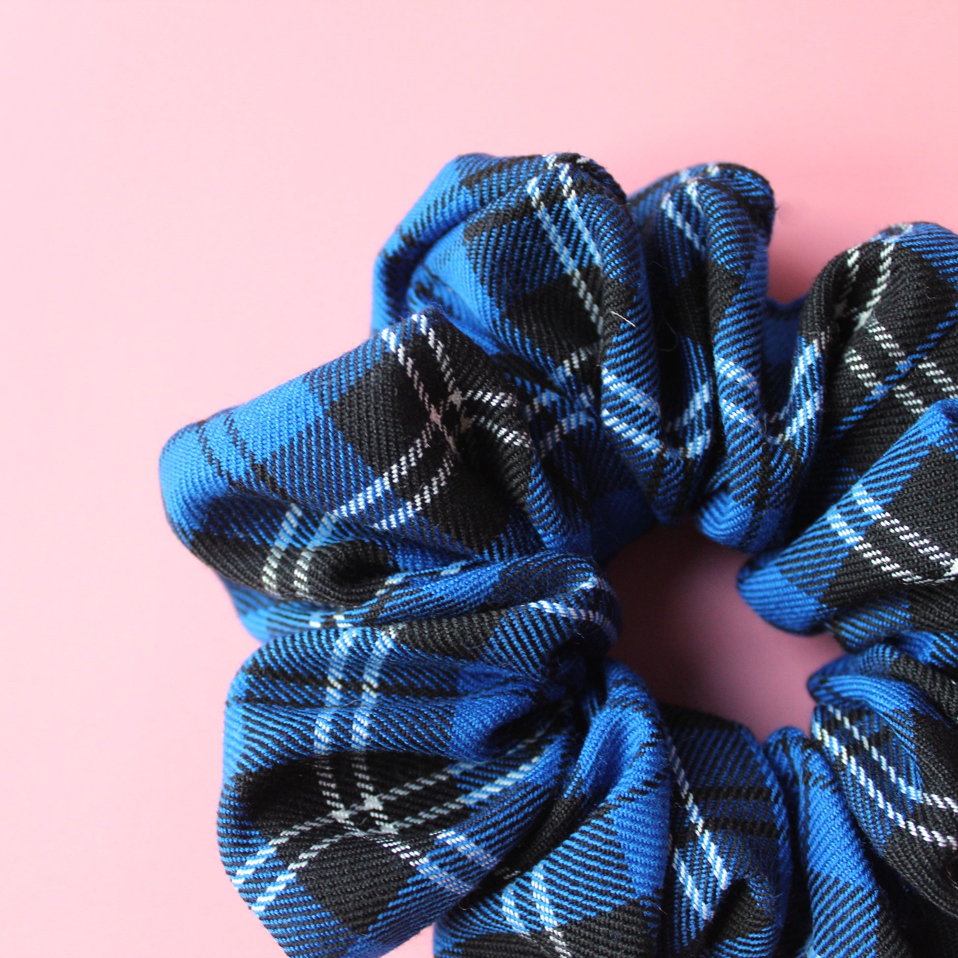Royal blue and black check tartan oversized scrunchie