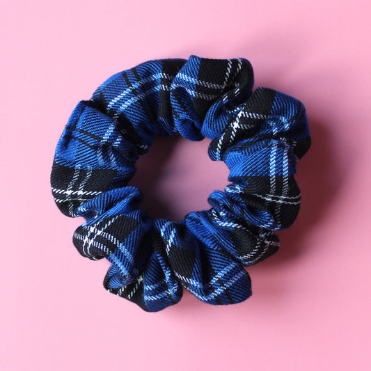 Blue, black and white plaid tartan scrunchie