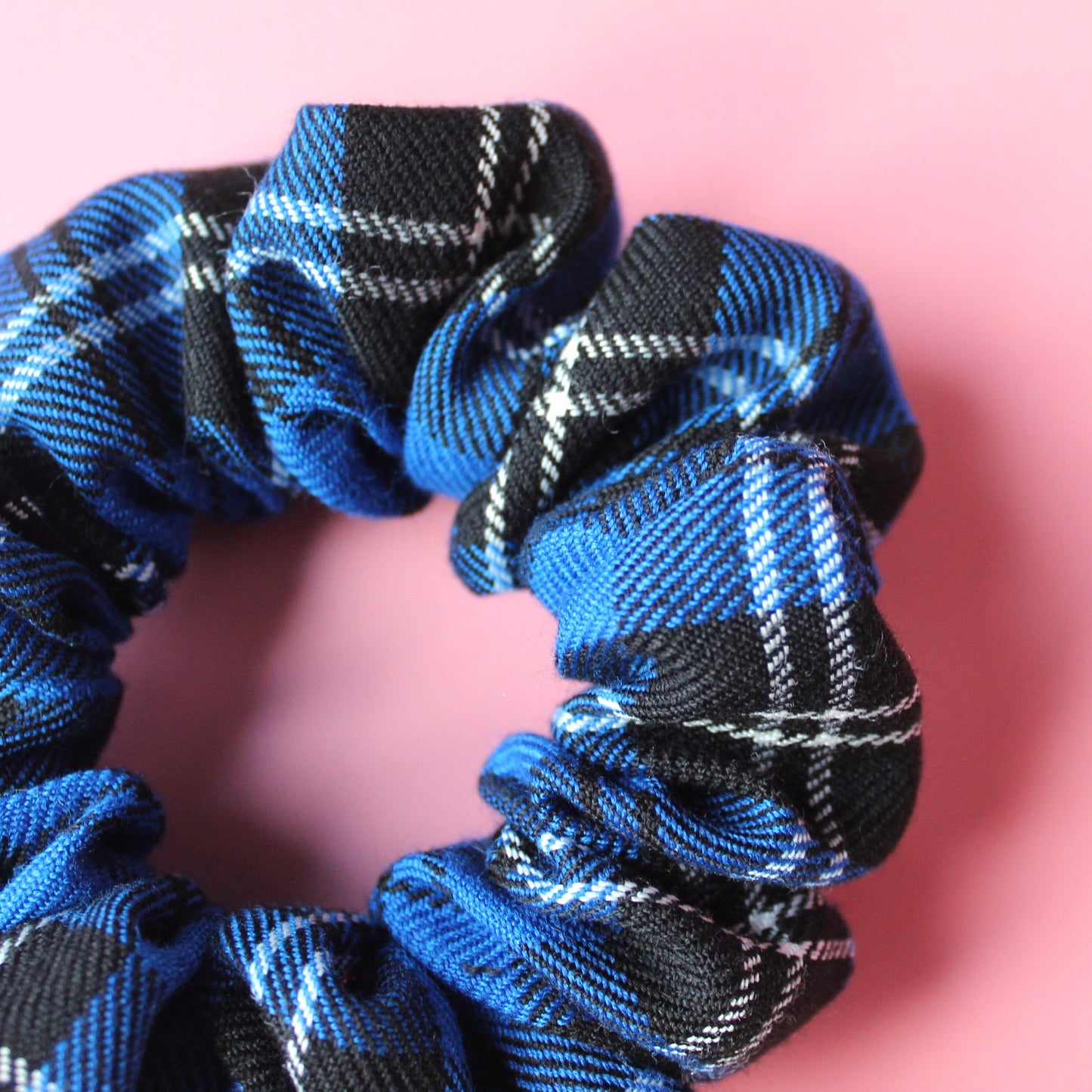 Blue, black and white plaid tartan scrunchie