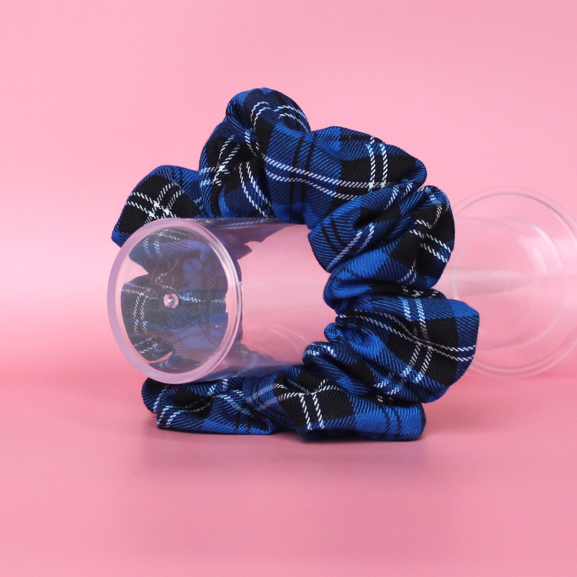 Royal blue and black check tartan oversized scrunchie