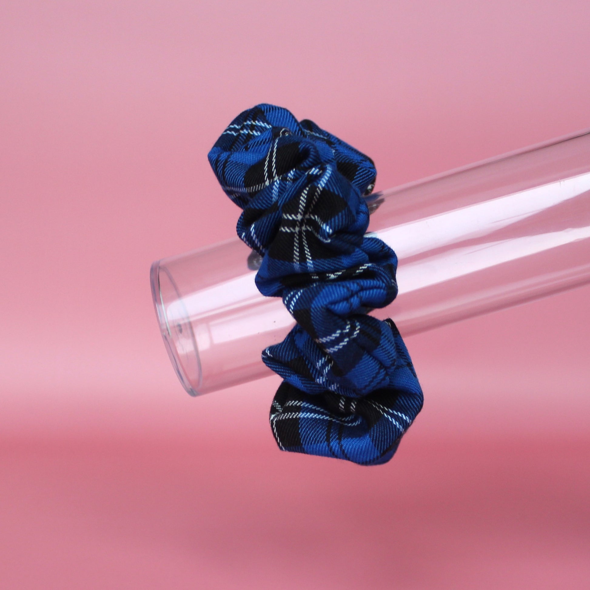 Royal blue and black check tartan oversized scrunchie