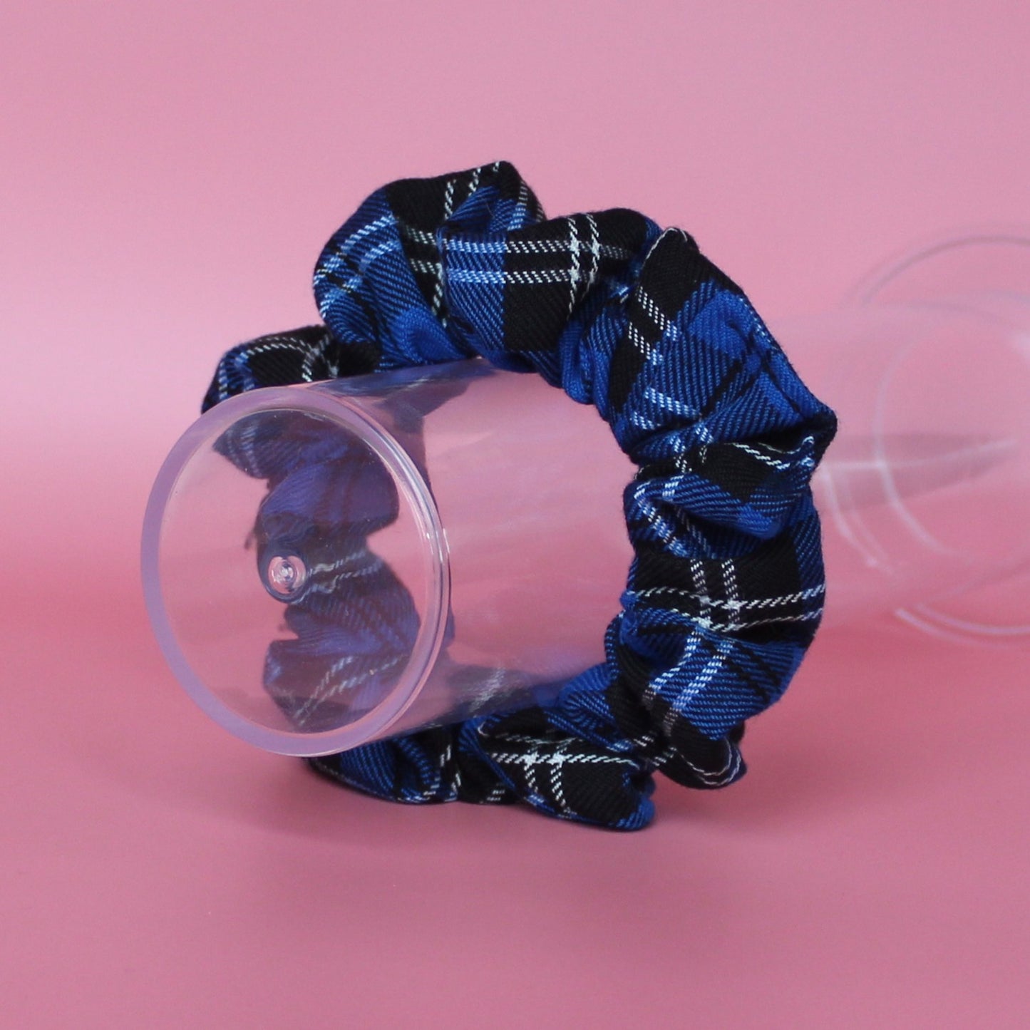 Blue, black and white plaid tartan scrunchie