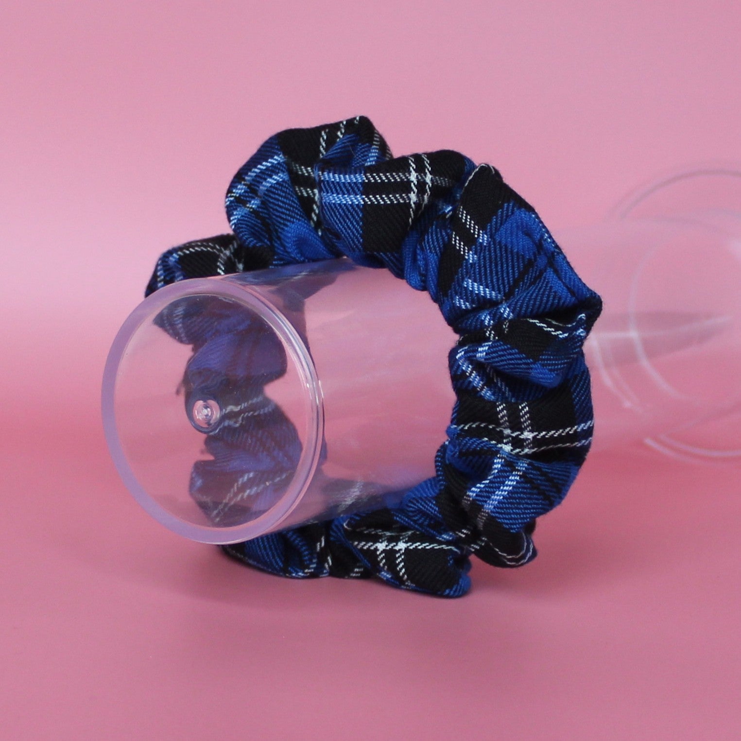Blue, black and white plaid tartan scrunchie