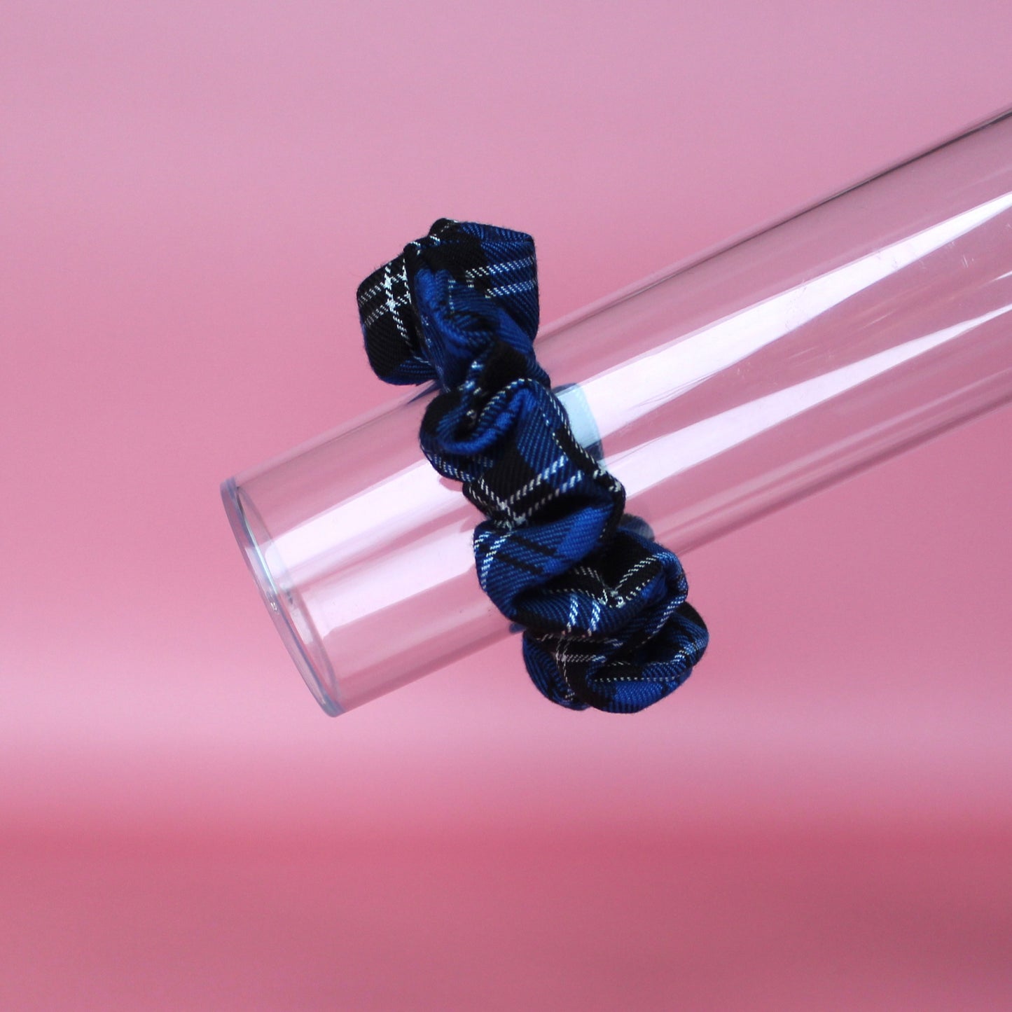 Blue, black and white plaid tartan scrunchie