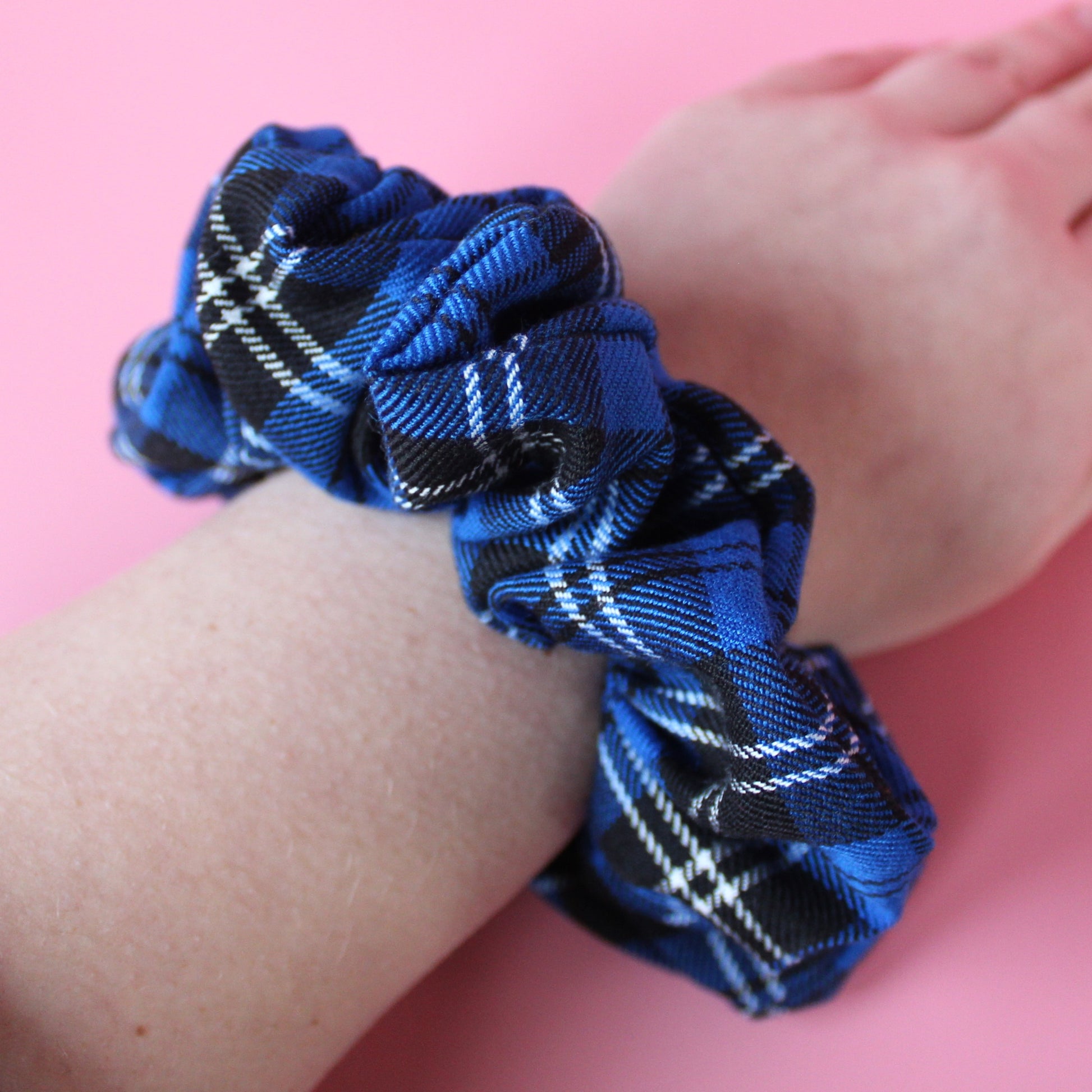 Royal blue and black check tartan oversized scrunchie