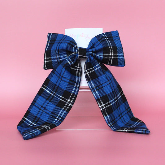 Blue and black plaid tartan bow