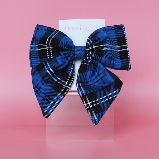 Blue and black small tartan hair bow