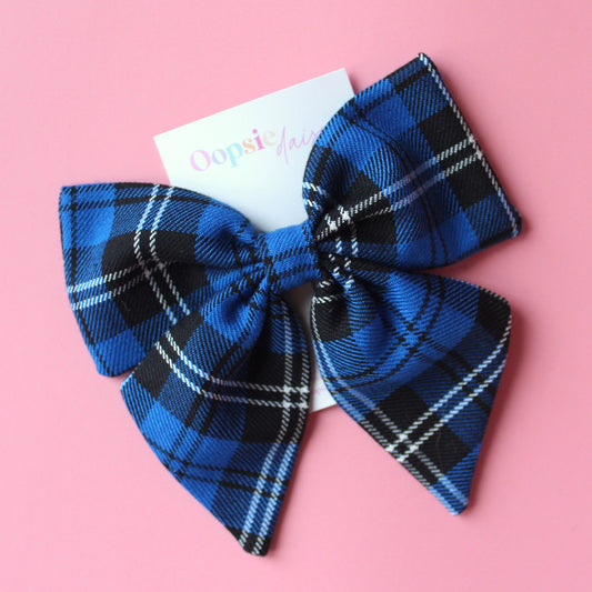 Blue and black small tartan hair bow