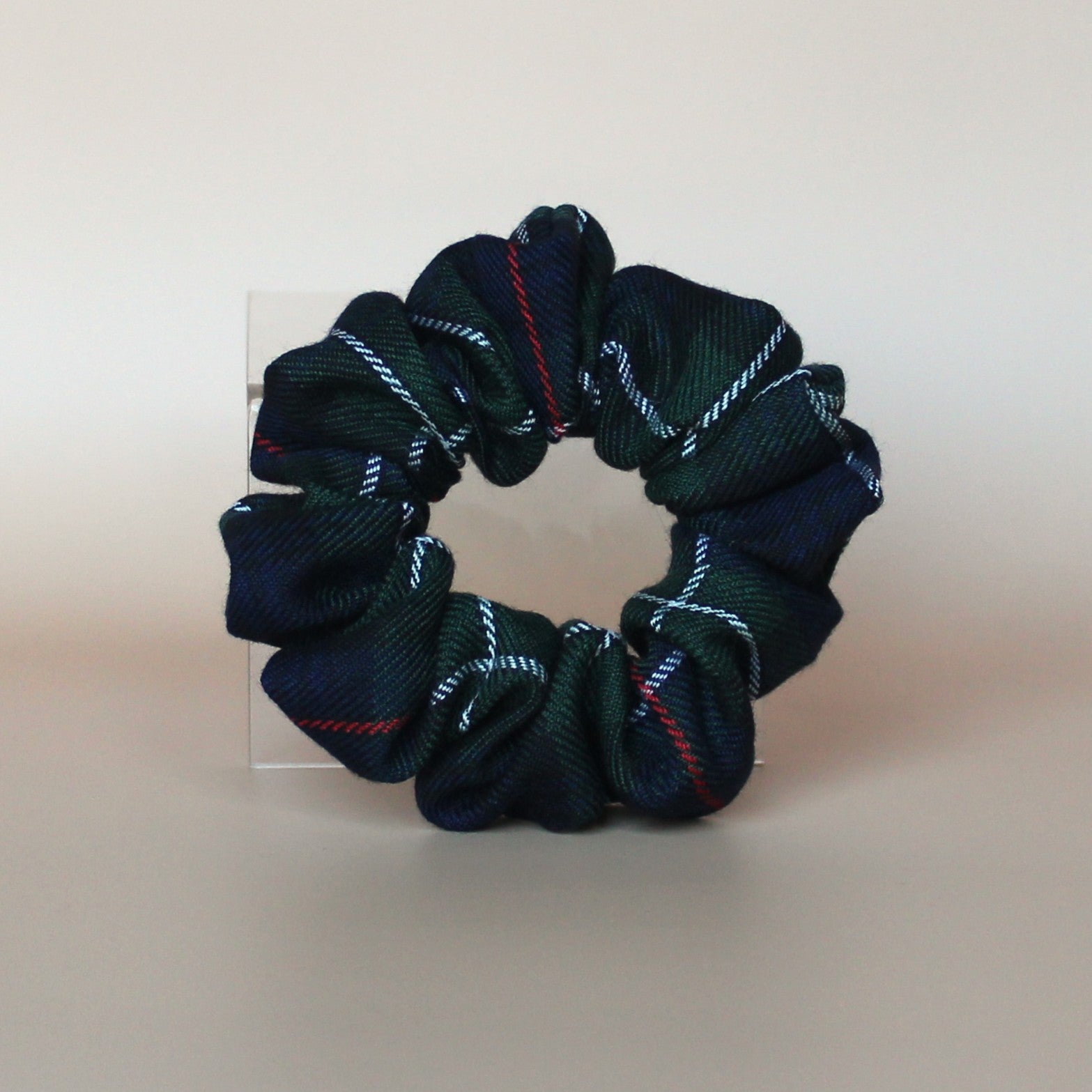 navy and green plaid tartan scrunchie