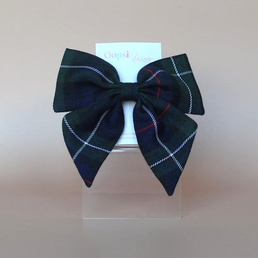 Navy and green small tartan hair bow