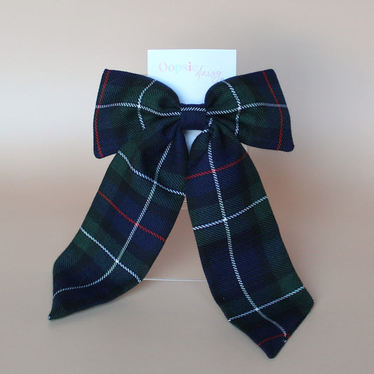 navy and green tartan check hair bow