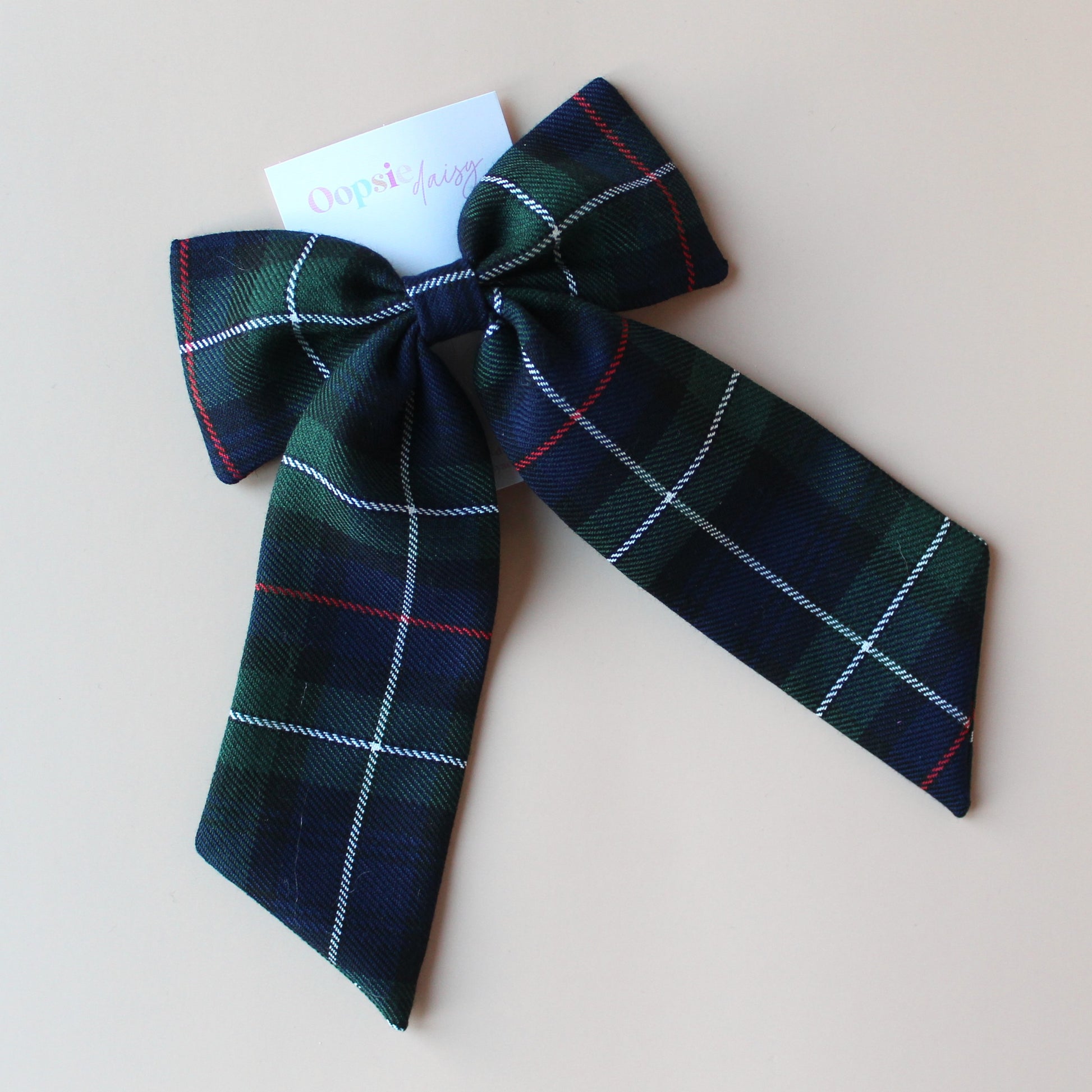 navy and green tartan check hair bow