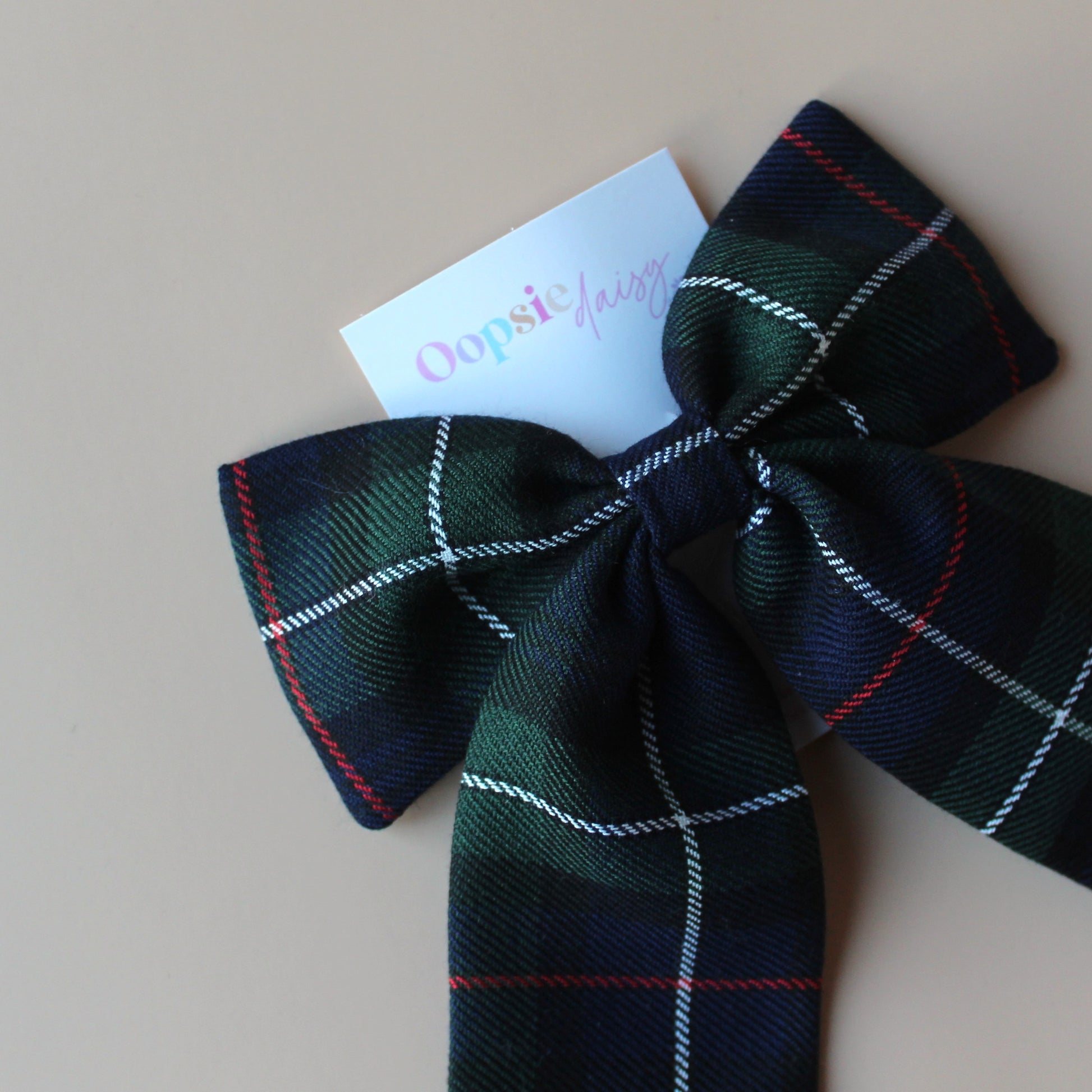 navy and green tartan check hair bow