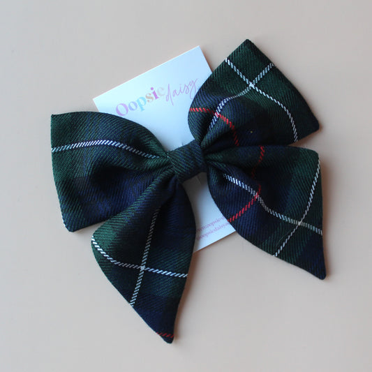 Navy and green small tartan hair bow