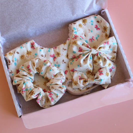 Set of butterfly and floral accessories - scallop bib, baby headband, scrunchie and hair bow