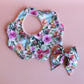 Pink and multicolour floral mum, baby and sister matching accessory set with scallop bib and hair bow