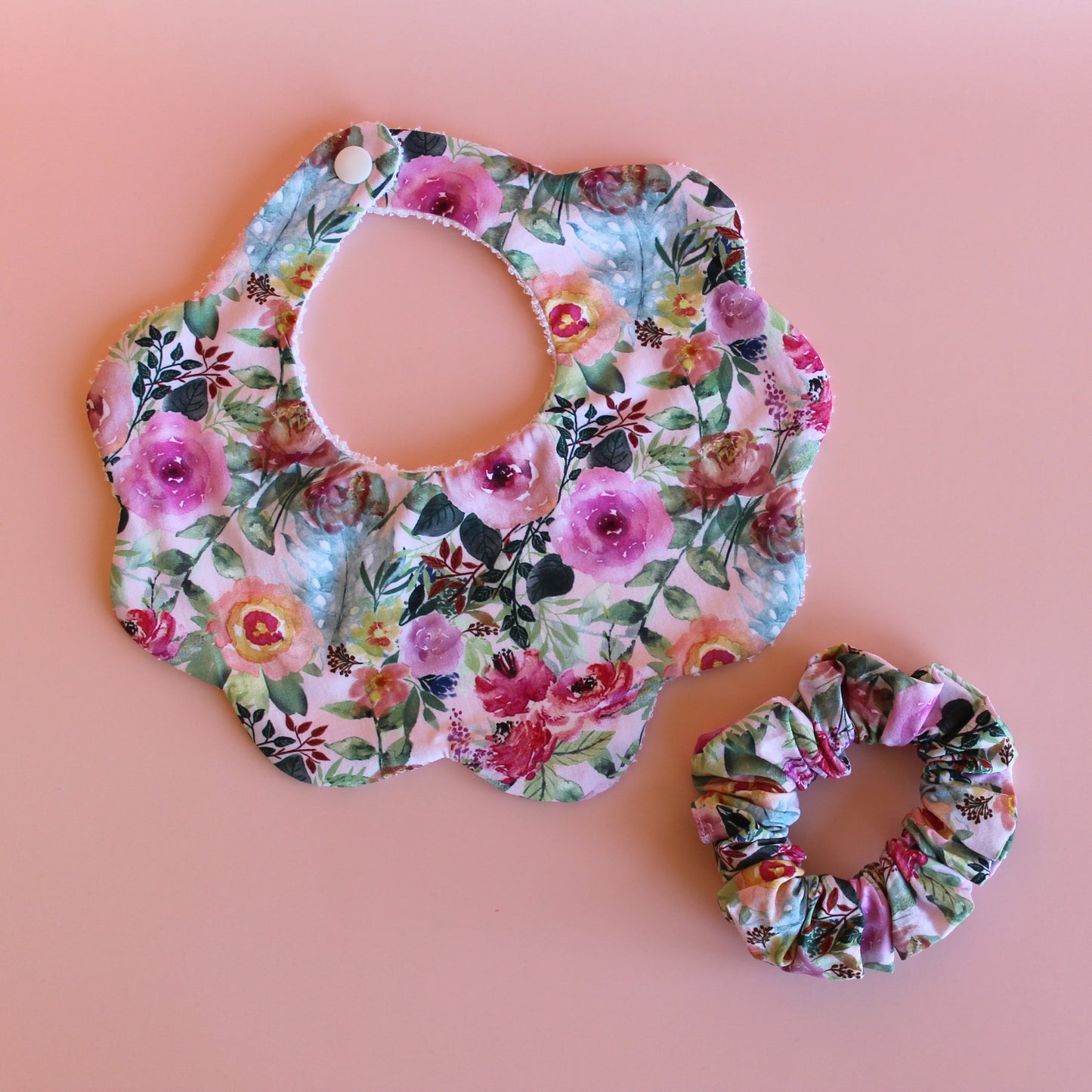 Pink and multicolour floral mum, baby and sister matching accessory set with scallop bib and scrunchie