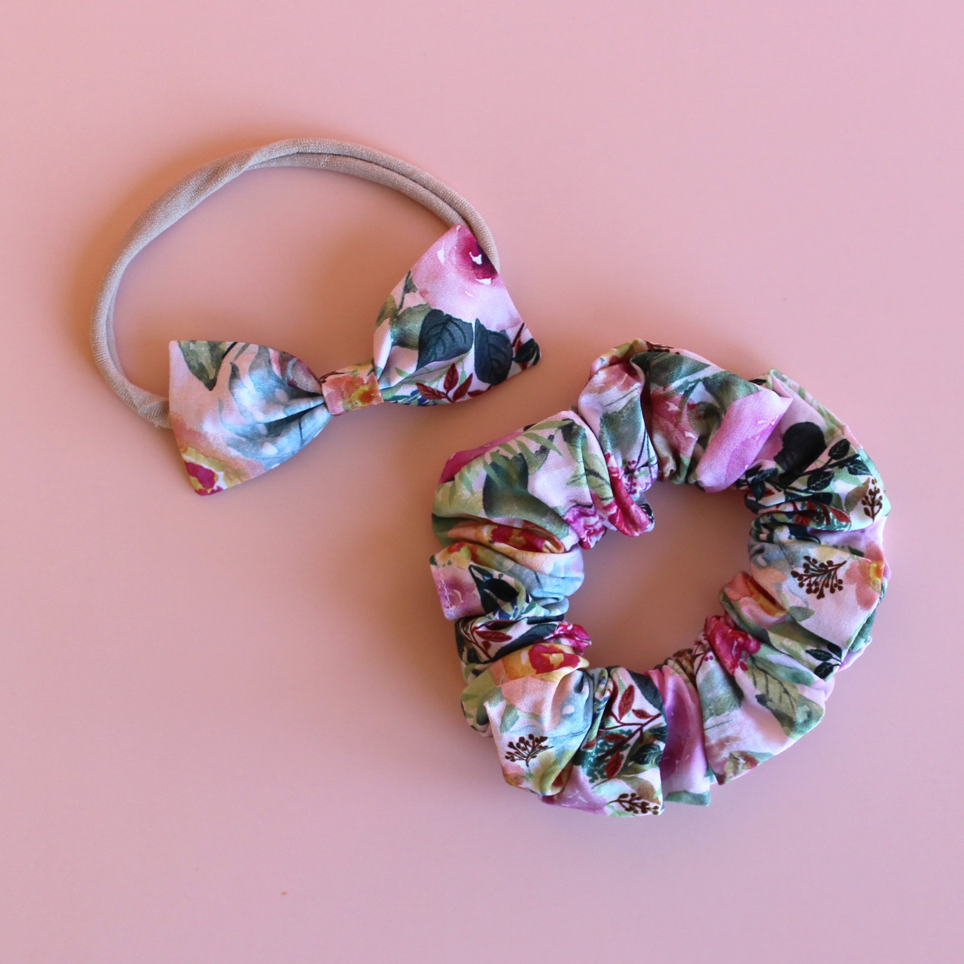 Pink and multicolour floral mum, baby and sister matching accessory set with scrunchie and baby headband