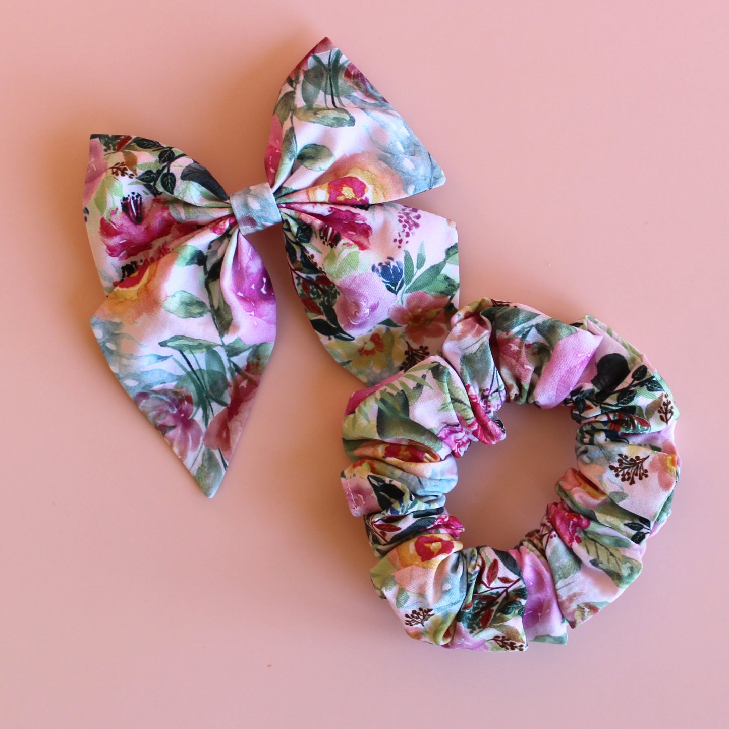 Pink and multicolour floral mum, baby and sister matching accessory set with hair bow and scrunchie