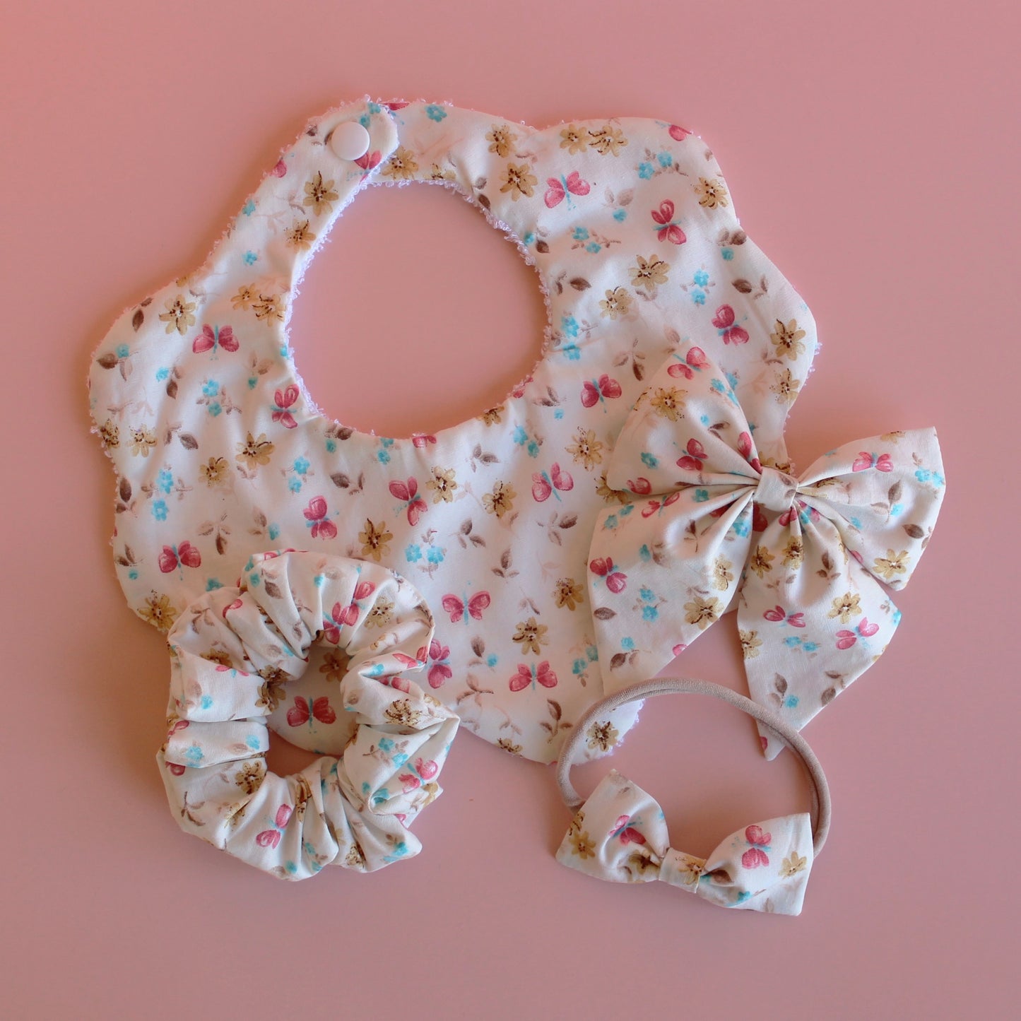 Set of butterfly and floral accessories - scallop bib, baby headband, scrunchie and hair bow