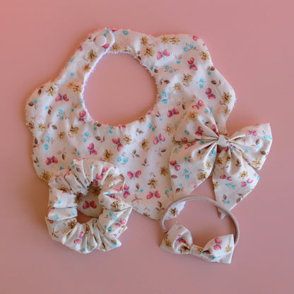 Set of butterfly and floral accessories - scallop bib, baby headband, scrunchie and hair bow