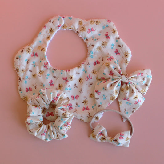 Set of butterfly and floral accessories - scallop bib, baby headband, scrunchie and hair bow