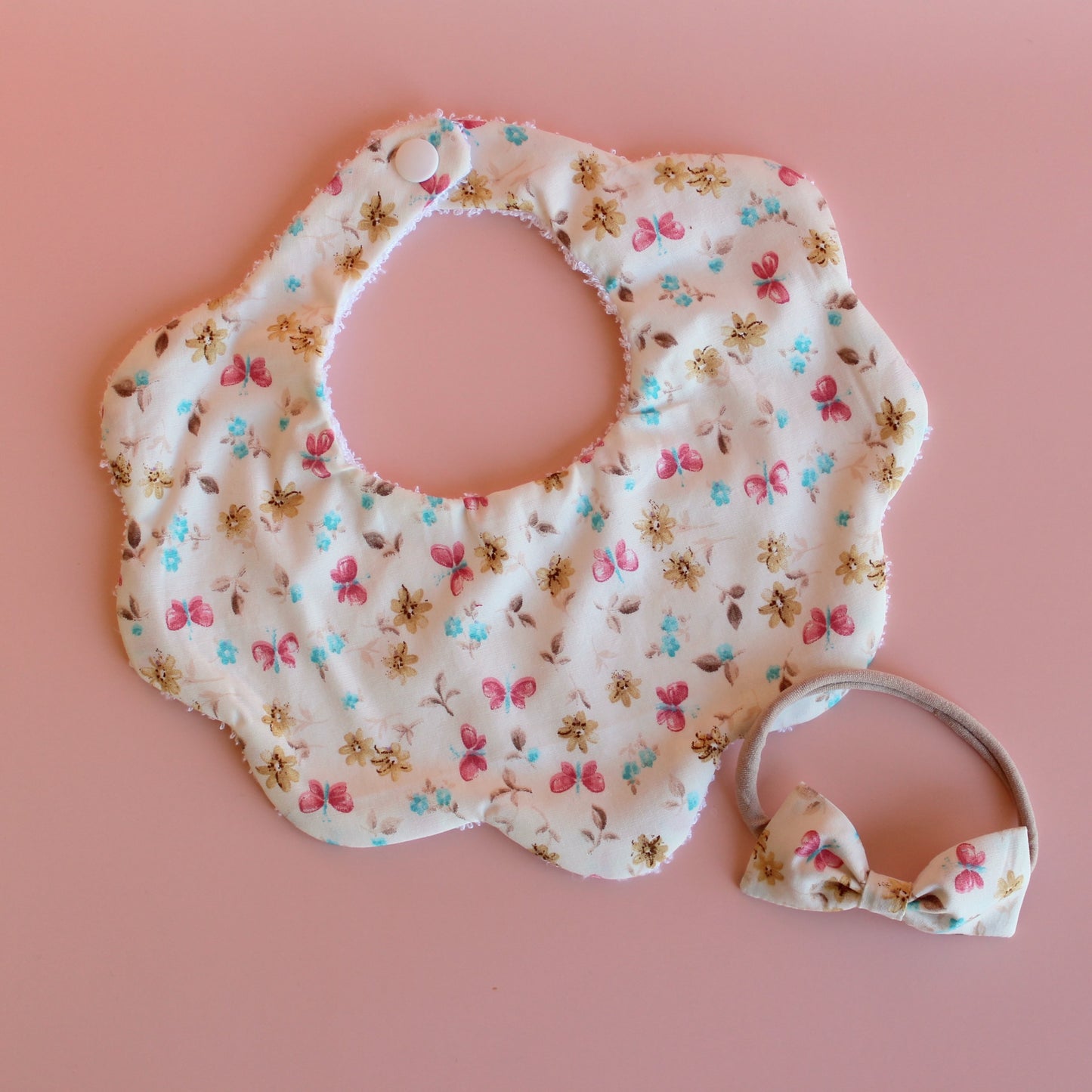 Set of butterfly and floral accessories - scallop bib, baby headband