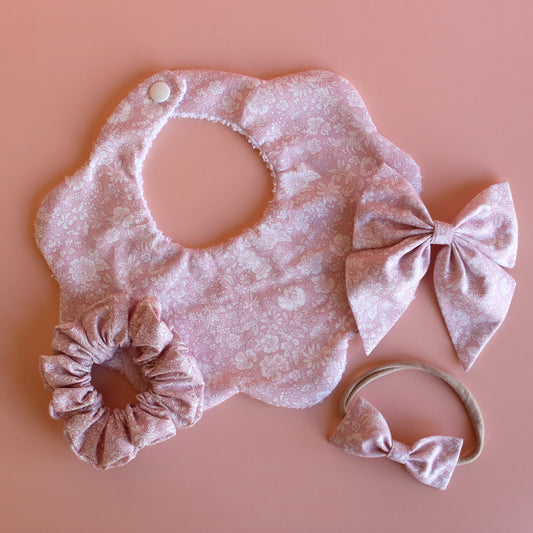 Pale pink and off-white floral accessory gift set - scallop bib, baby headband, scrunchie, hair bow