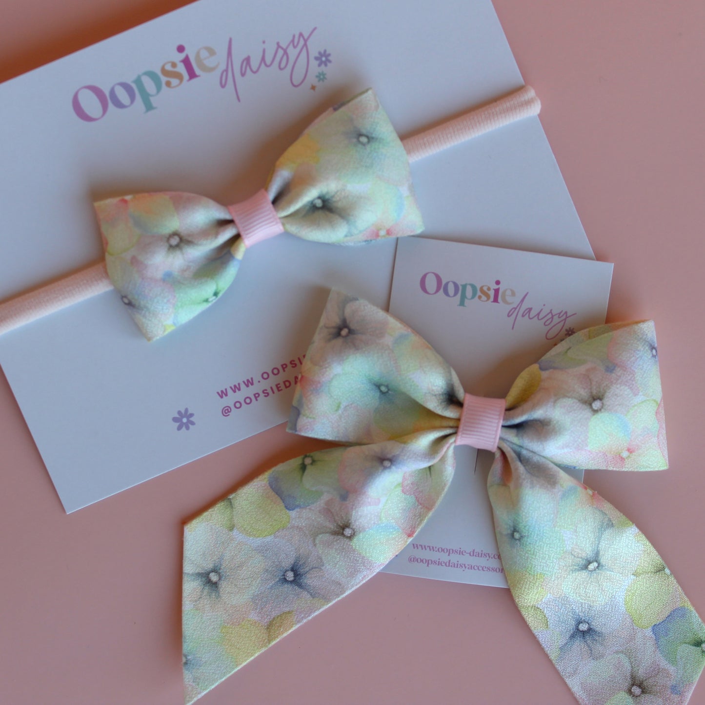 Sister or mum and baby matching hair set with hair bow and baby headband - pastel floral pattern