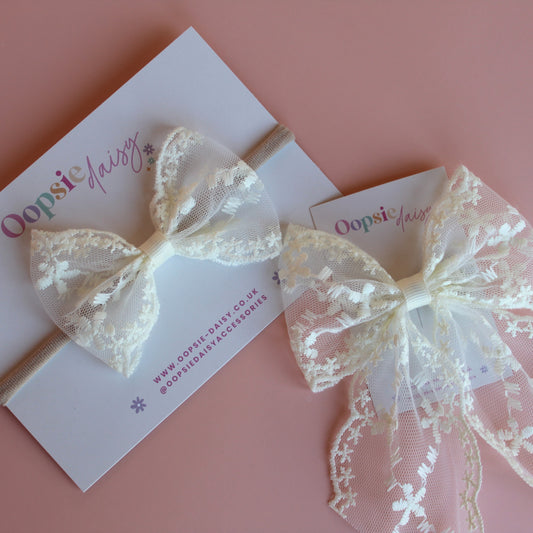 Off-white lace floral hair bow and baby headband gift set