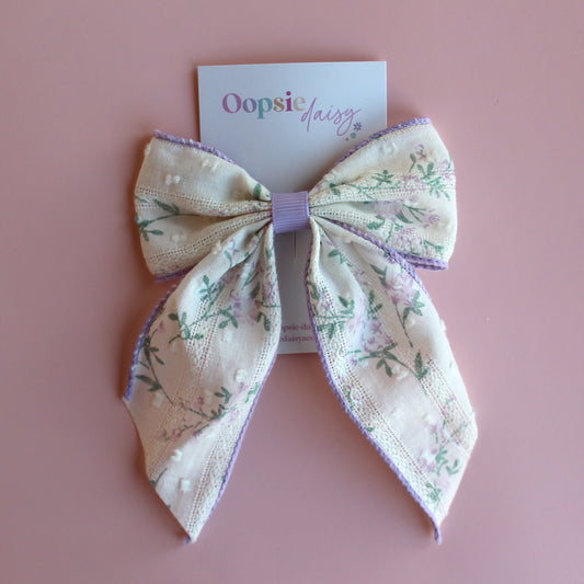 Cream and lilac lace floral  bow clip