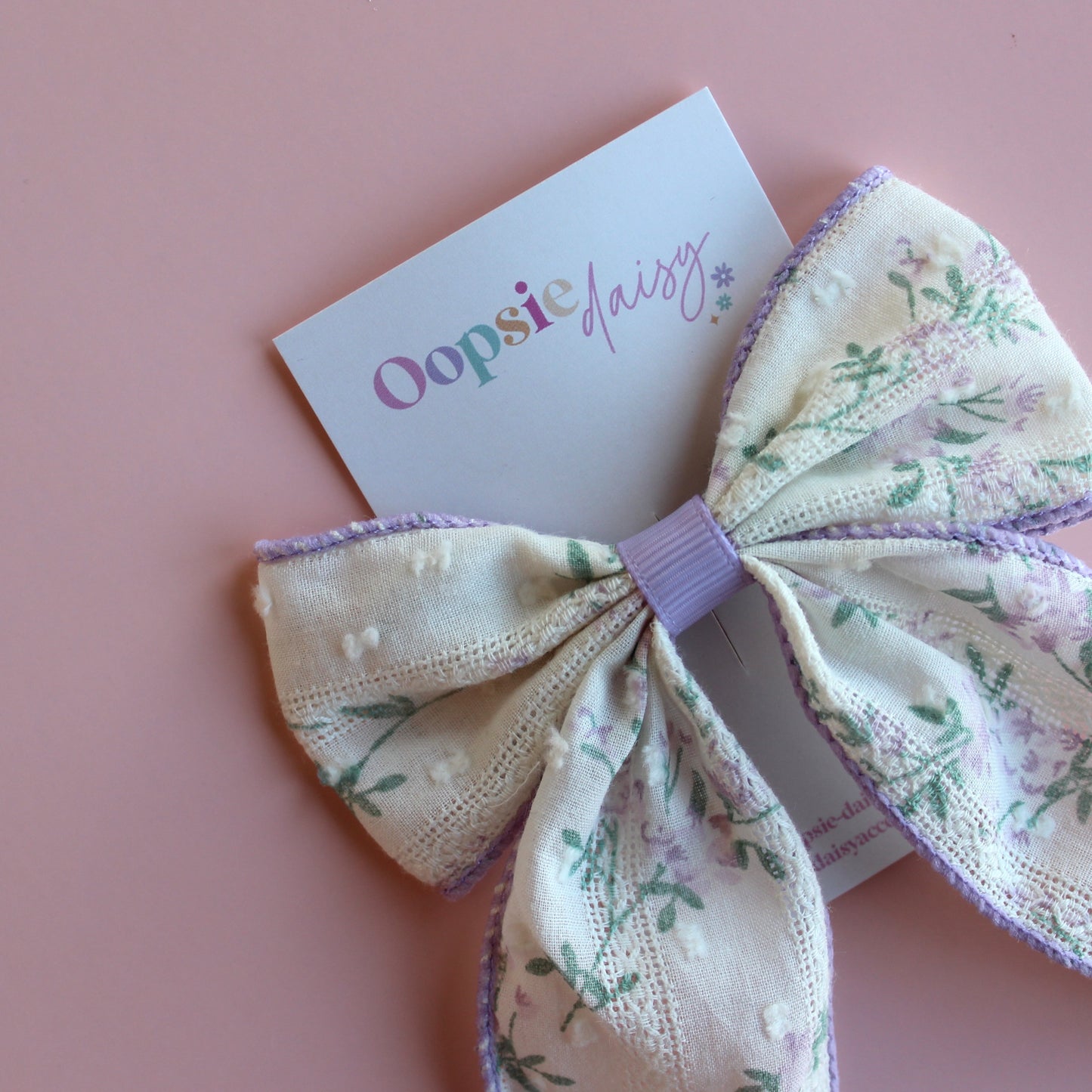 Cream and lilac lace floral hair bow clip
