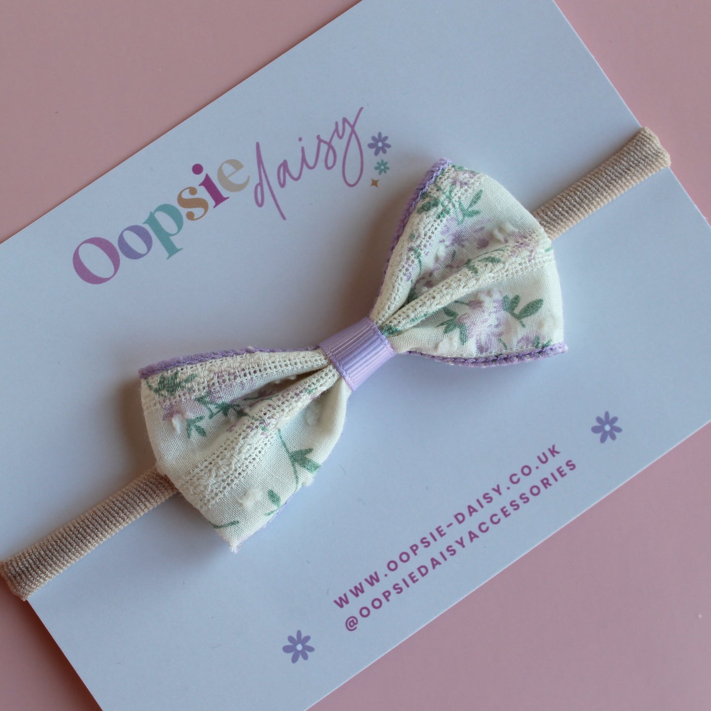 Cream and lilac lace floral hair bow baby headband 