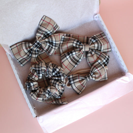 Thomson Camel beige and black tartan hair bow gift set - scrunchie, hair bows and baby headband