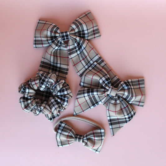 Thomson Camel beige and black tartan hair bow gift set - scrunchie, hair bows and baby headband