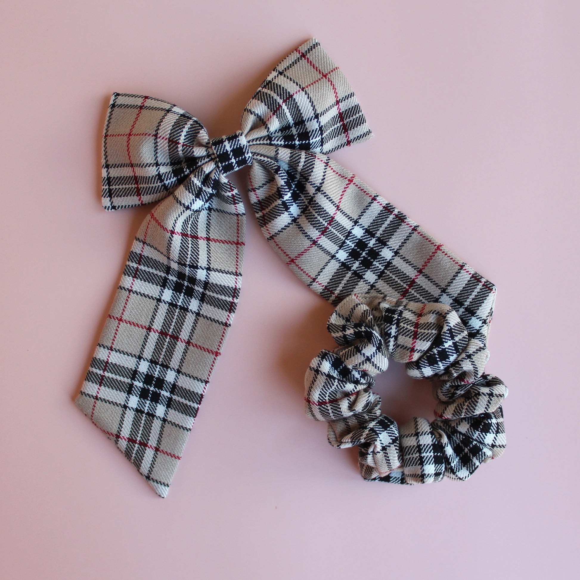 Thomson Camel beige and black tartan hair bow gift set - scrunchie, hair bow