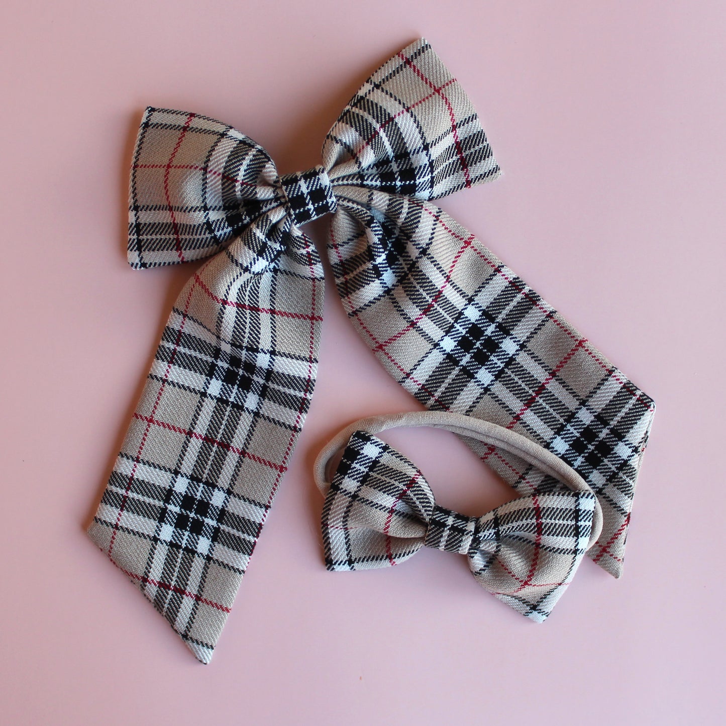 Thomson Camel beige and black tartan hair bow gift set - hair bow and baby headband