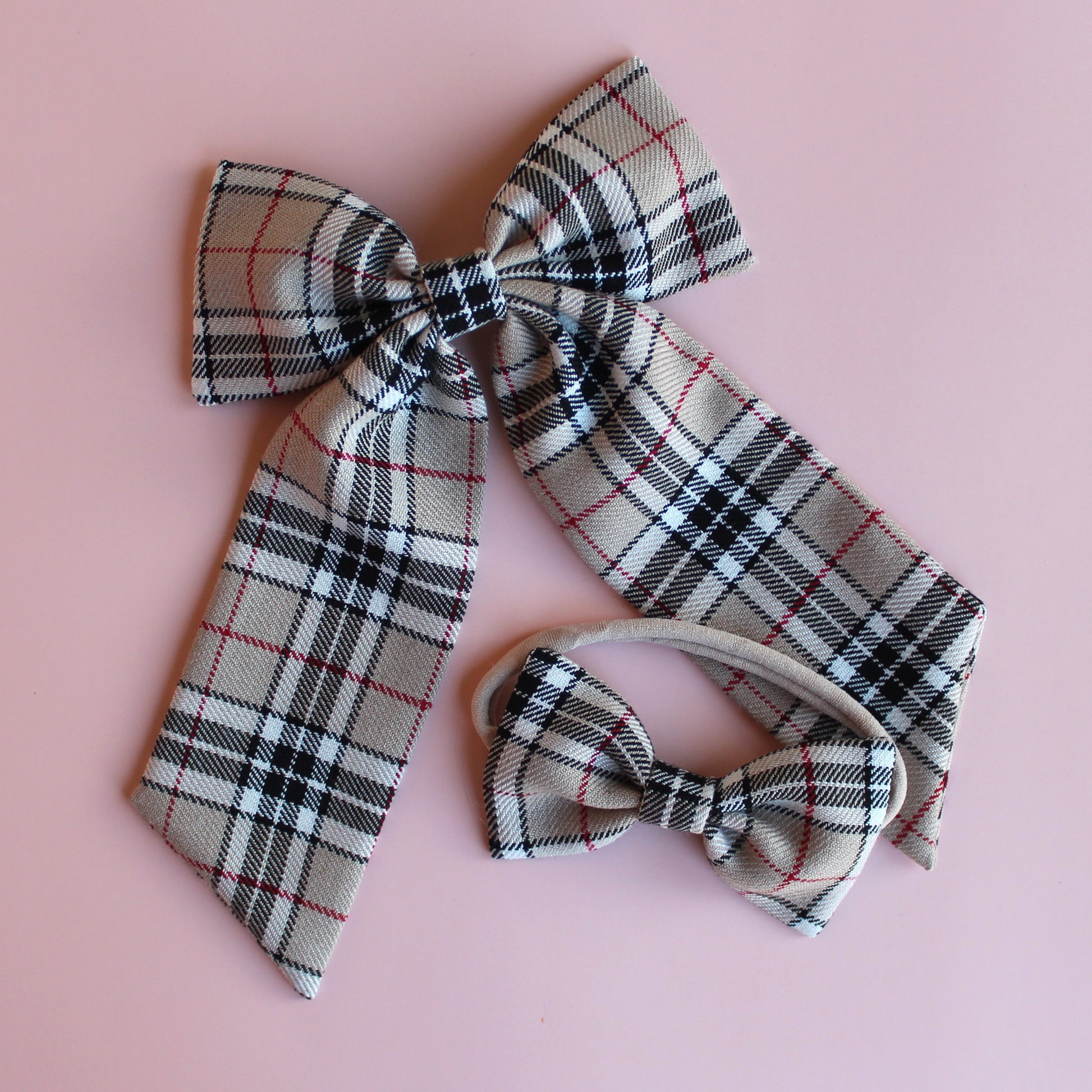 Thomson Camel beige and black tartan hair bow gift set - hair bow and baby headband