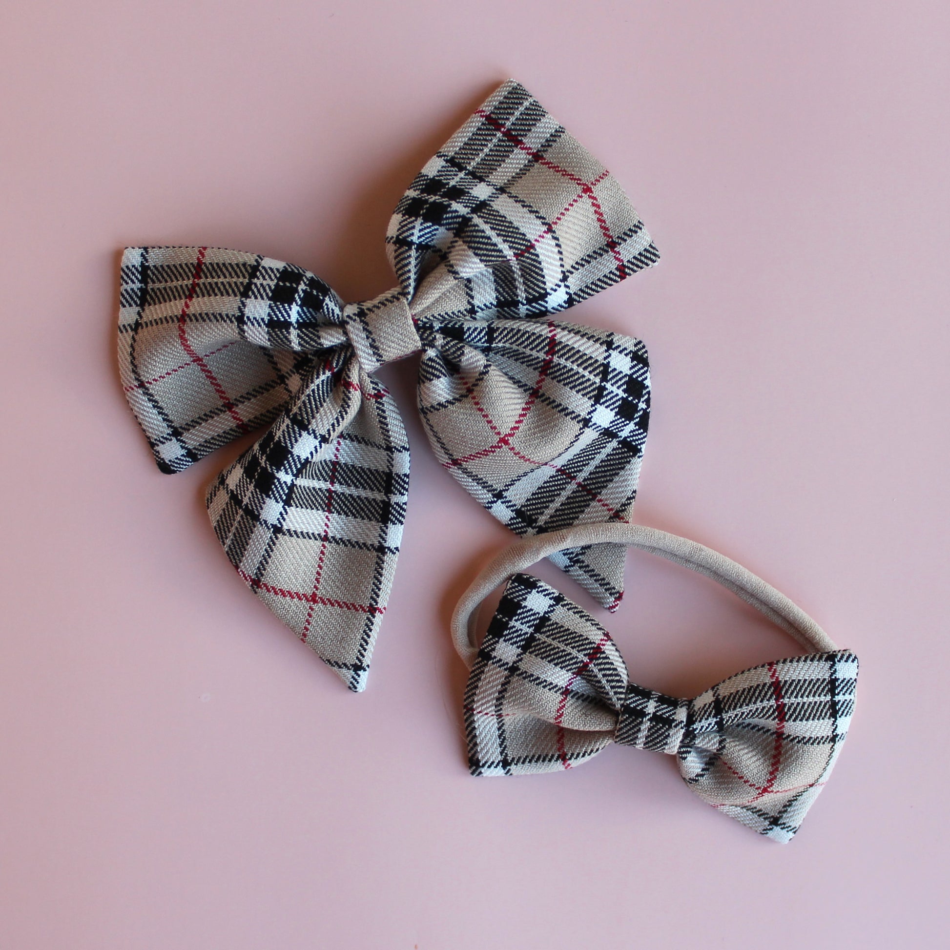 Thomson Camel beige and black tartan hair bow gift set -  hair bow and baby headband