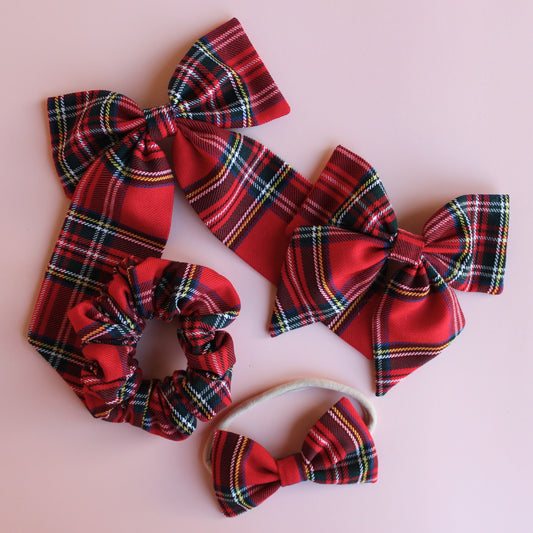 Royal stewart red tartan plaid hair accessory gift set - scrunchie, hair bows and baby headband