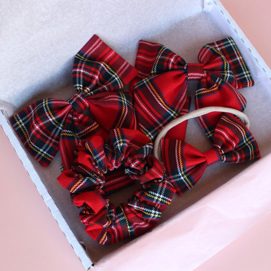Royal stewart red tartan plaid hair accessory gift set - scrunchie, hair bows and baby headband