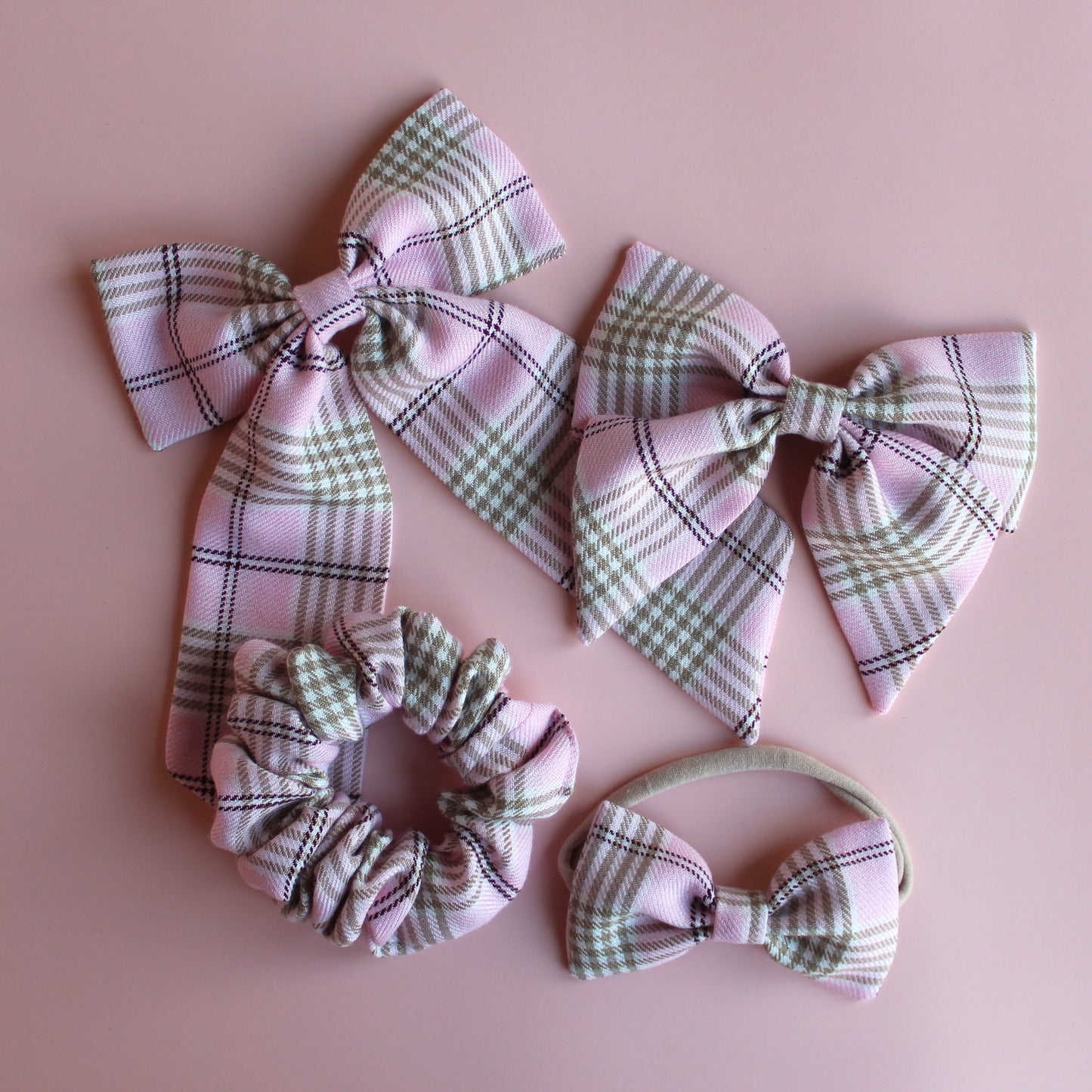 Pink and beige plaid tartan hair accessory gift set - scrunchie, hair bows and baby headband
